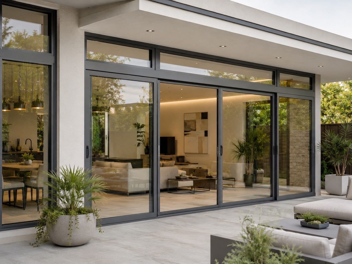 Close-up of slim aluminium-framed sliding doors onto a patio