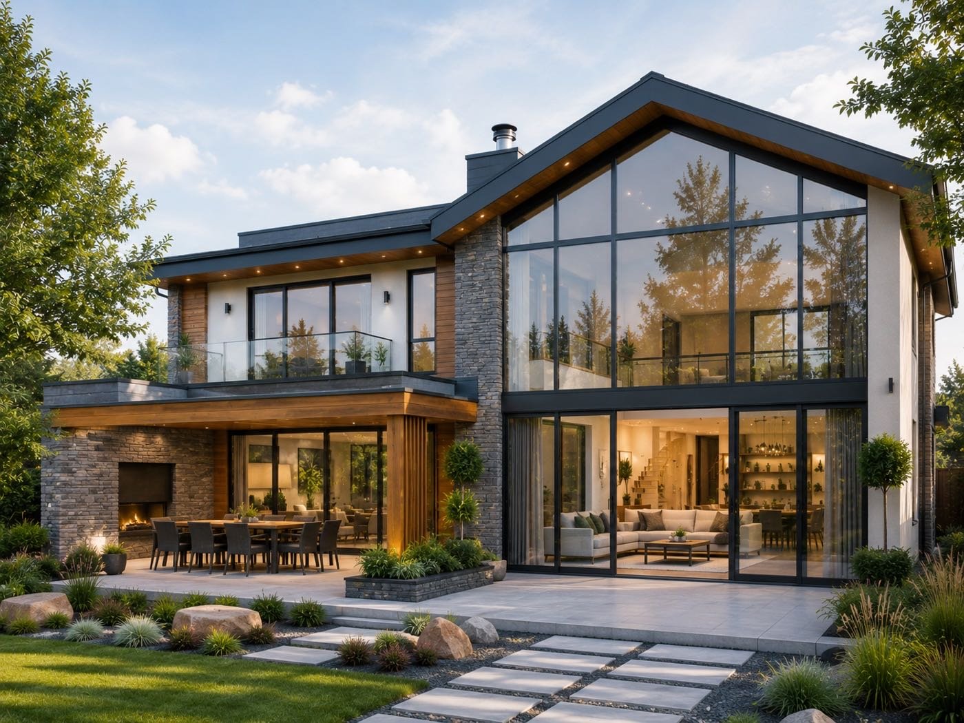 Full-height aluminium gable glazing on a modern house