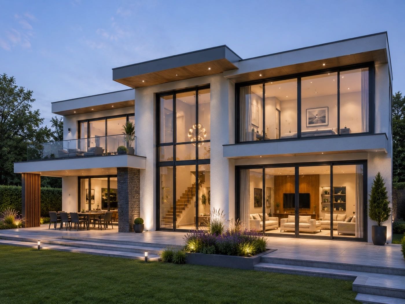 Slim-framed aluminium windows and doors on a modern two-story home