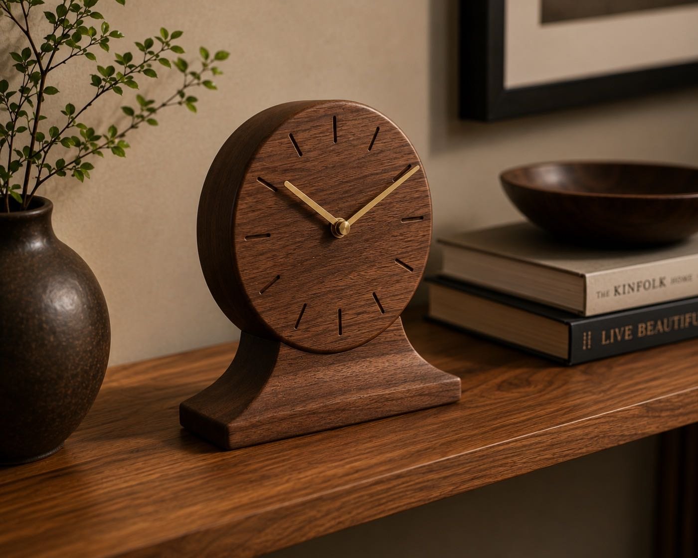 Handcrafted wooden mantel clock with brass hands on a console
