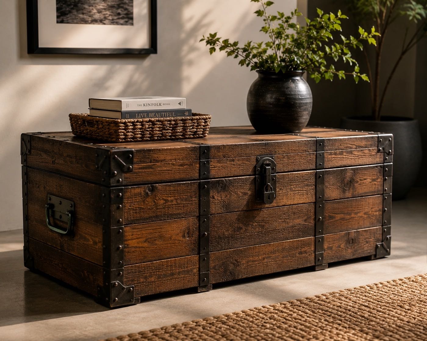 Vintage banded wood storage trunk styled as a coffee table