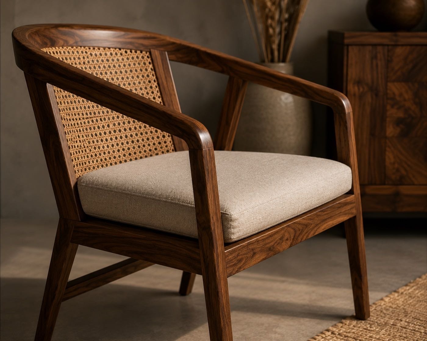 Close-up of a cane-back solid walnut armchair