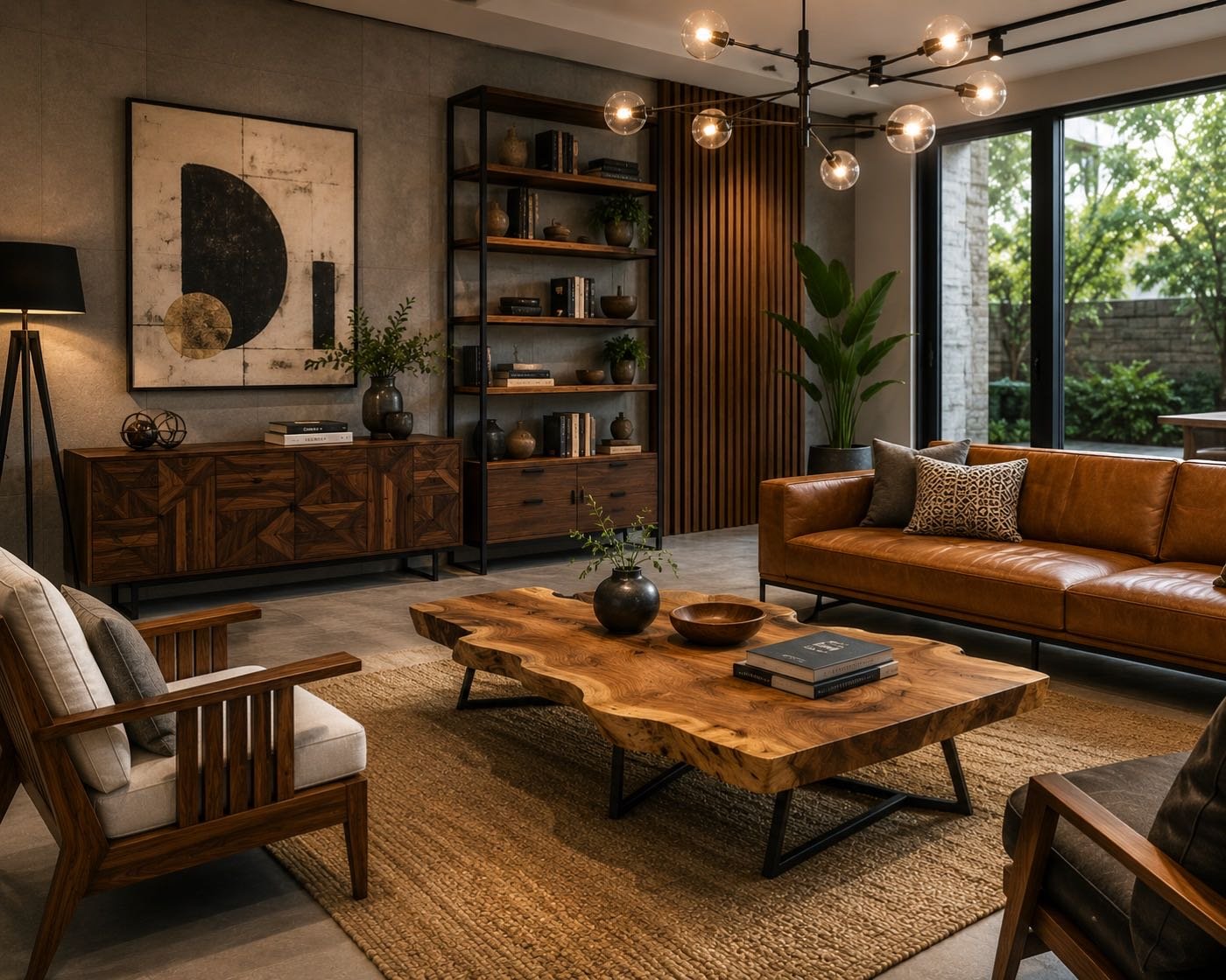 Handcrafted solid-wood furniture in a finished living room