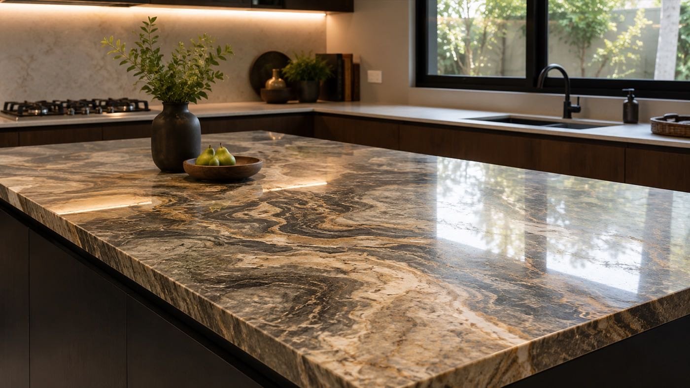 Close-up of polished granite with dramatic natural veining
