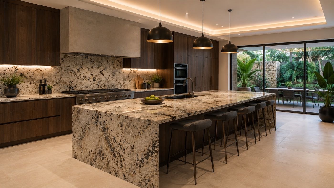 Granite waterfall-edge island in a finished kitchen