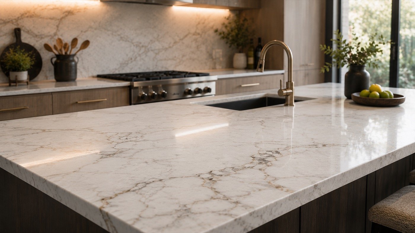 Close-up of polished marble veining on a kitchen countertop