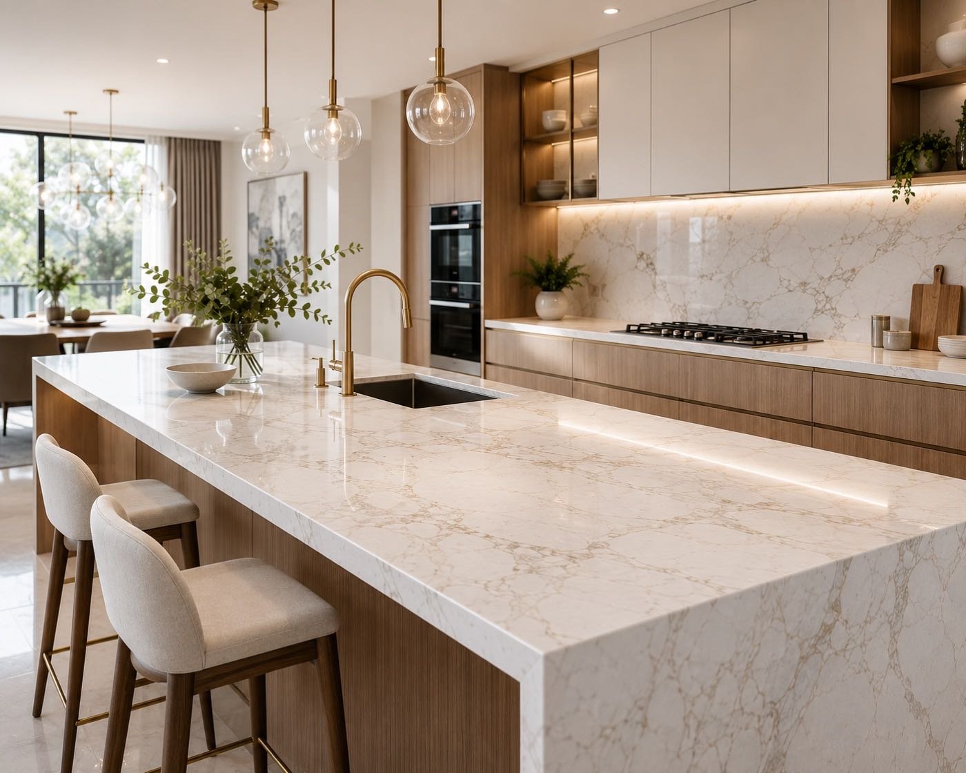 Polished marble countertop and backsplash in a finished kitchen