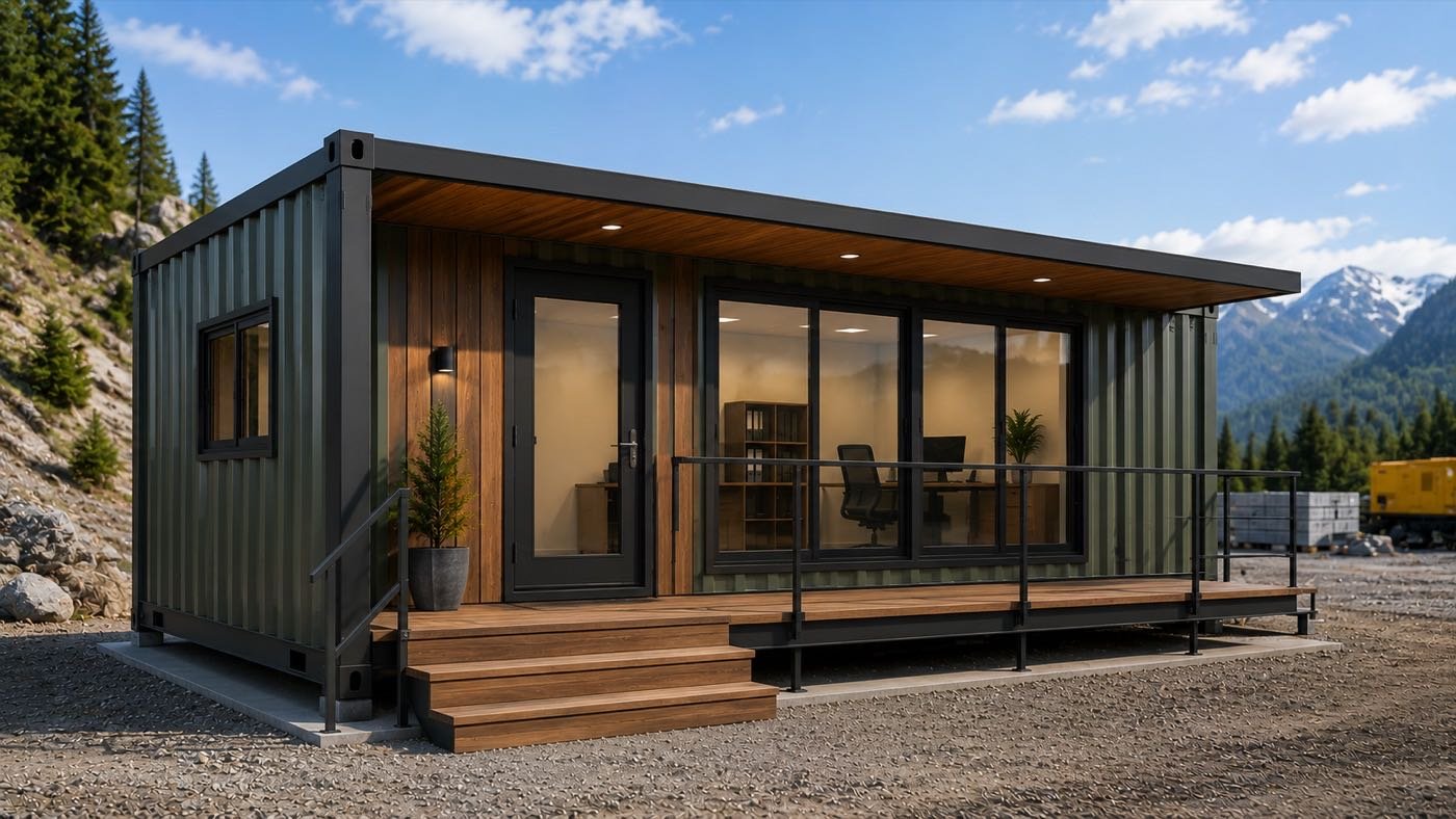 Container site office with covered porch against a mountain backdrop