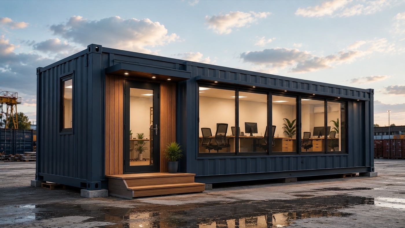 Furnished office interior with desks visible inside a container site office
