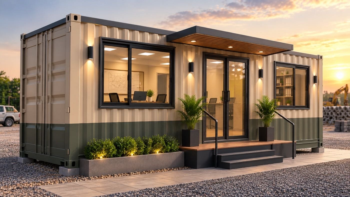 Container site office unit with covered porch at dusk