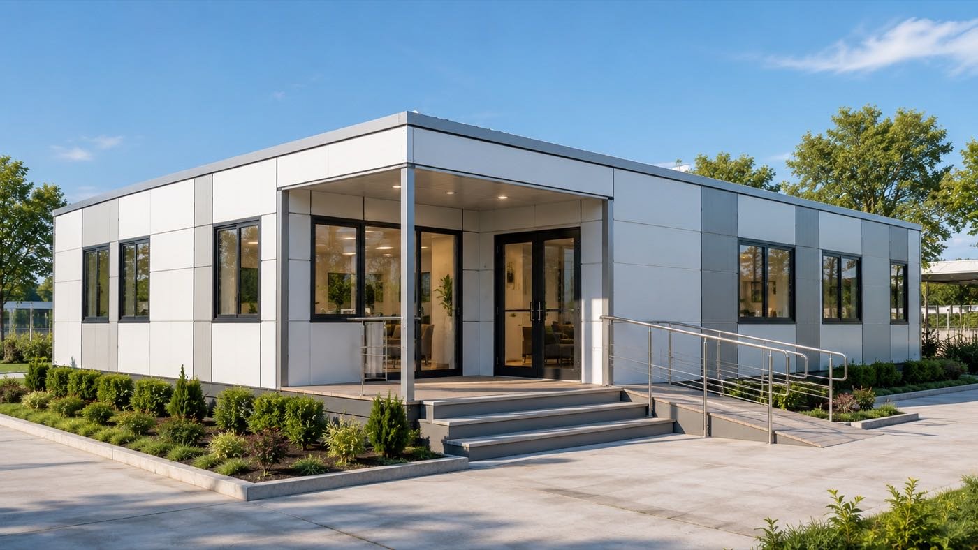 Single-story modular commercial building with an accessible ramp