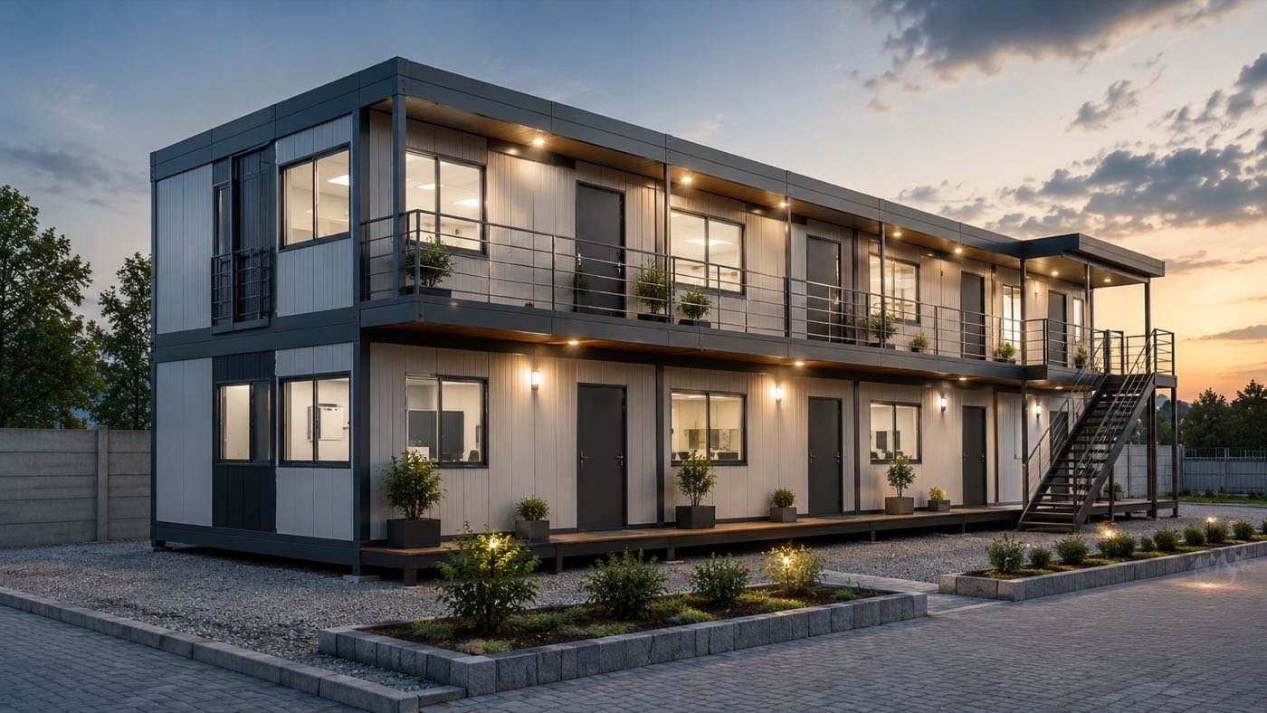 Two-story prefabricated modular building complex at dusk