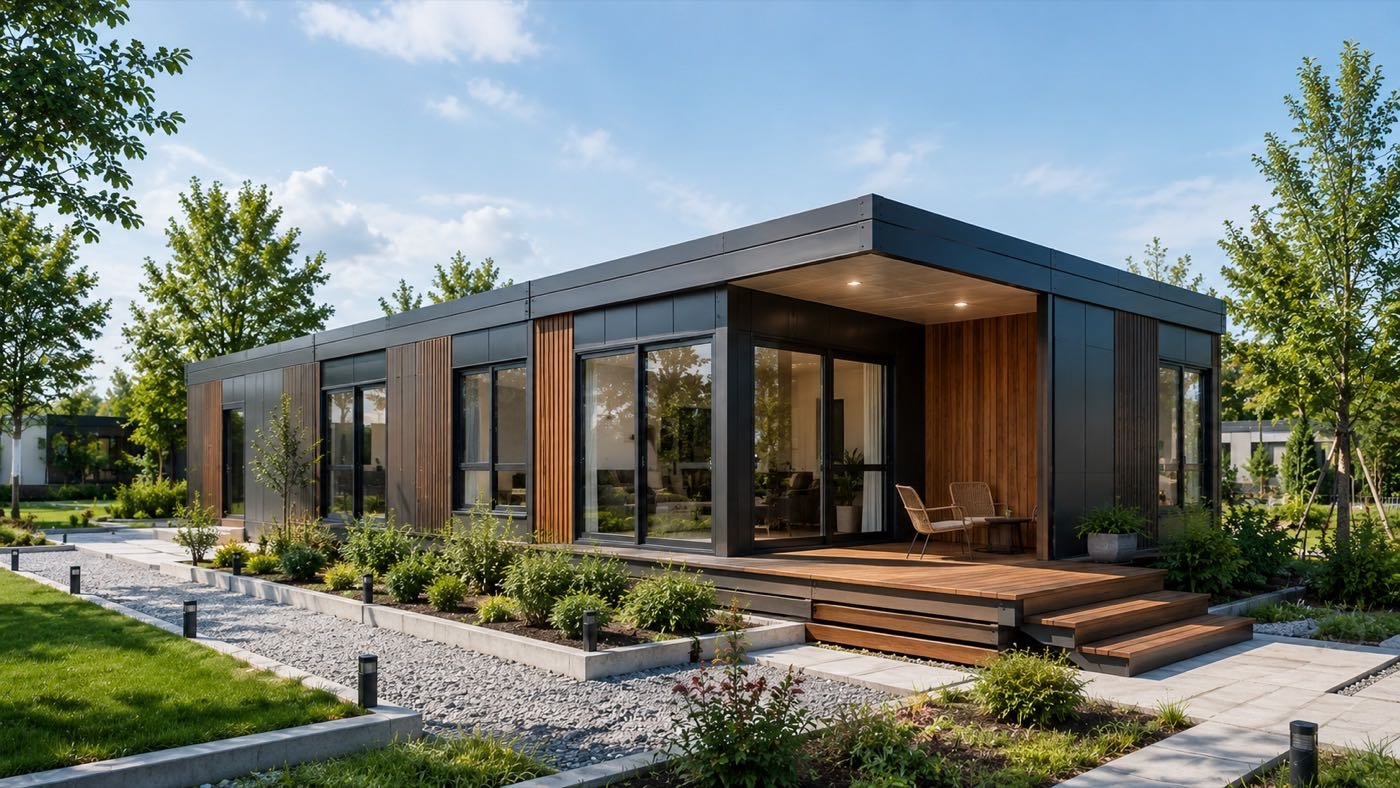 Single-story modern modular home with wood-clad porch