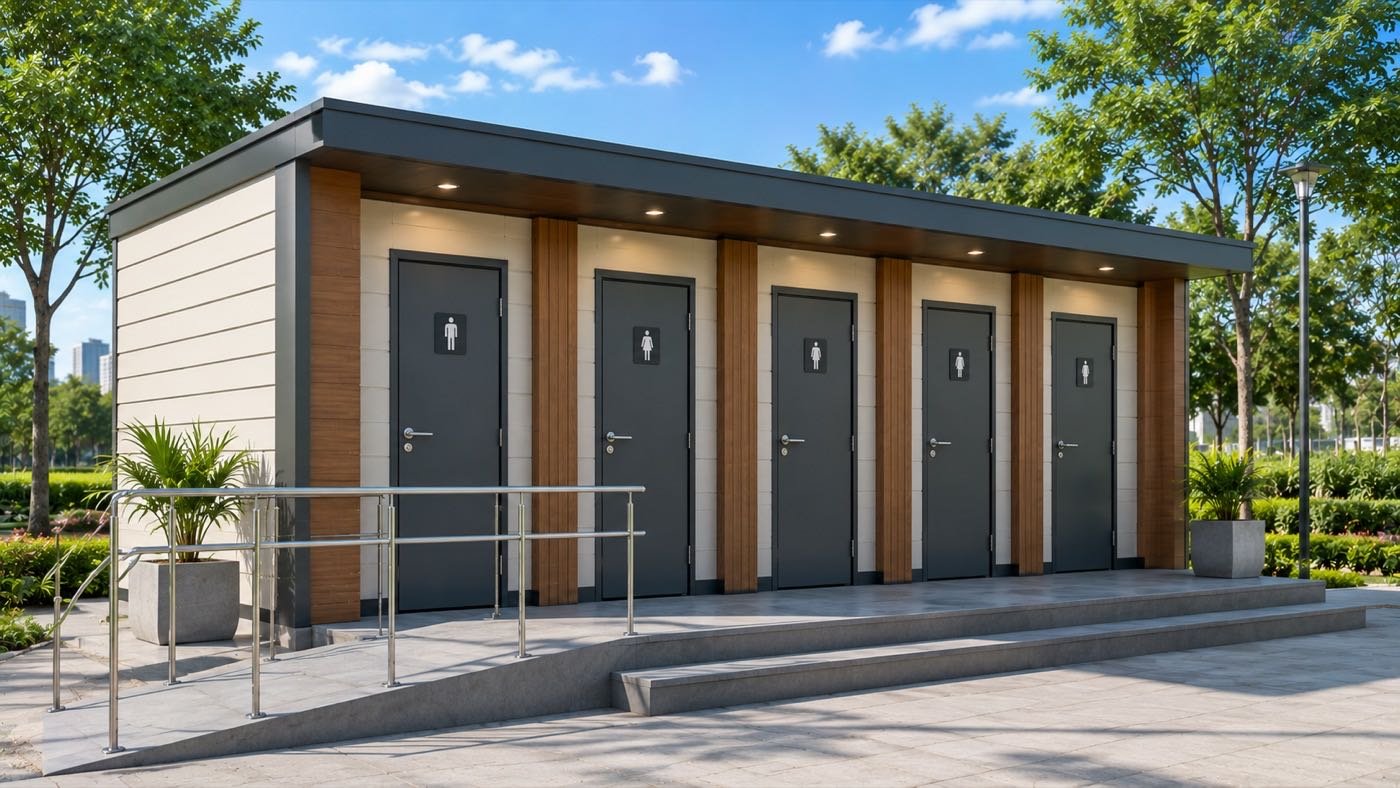 Prefabricated multi-stall restroom facility with accessible ramp