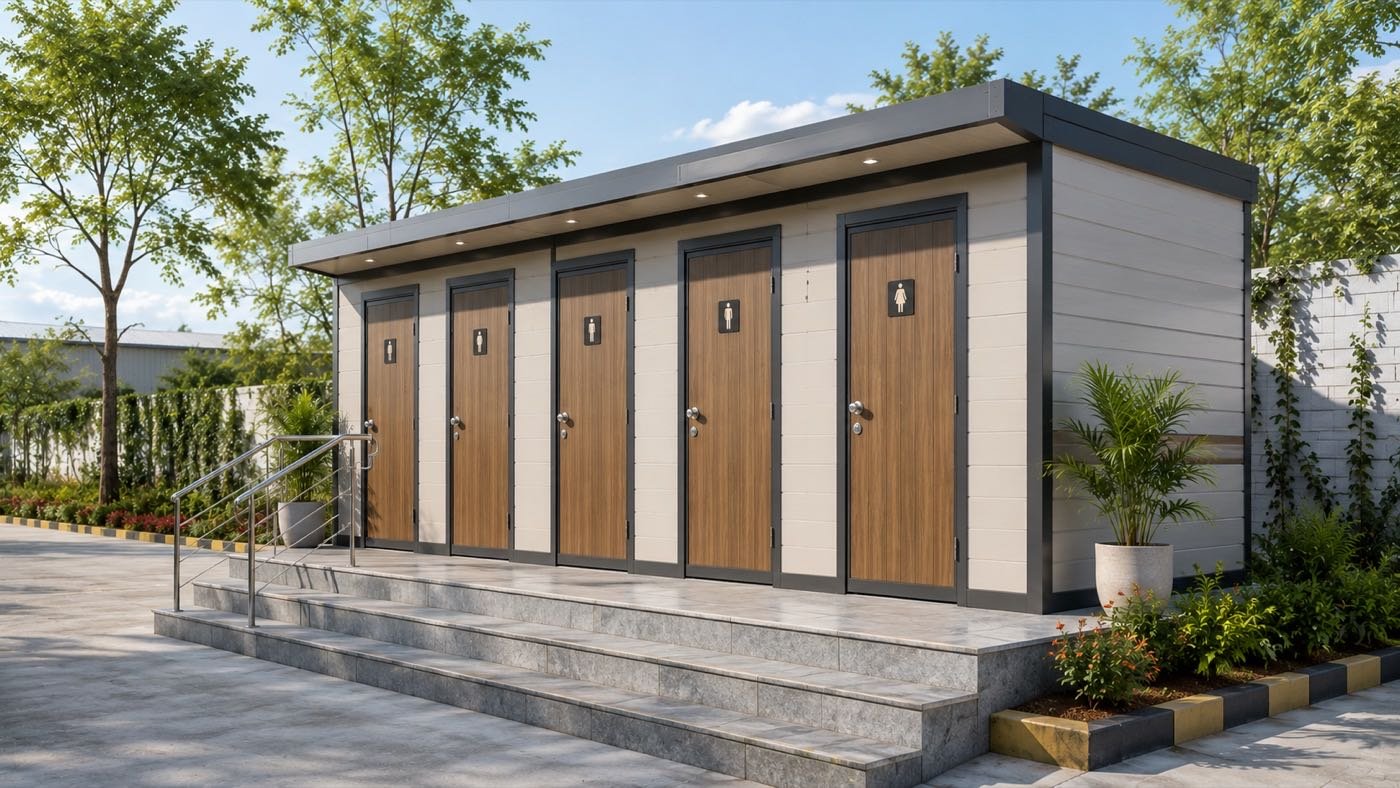 Multi-stall prefabricated restroom block with wood-finish doors
