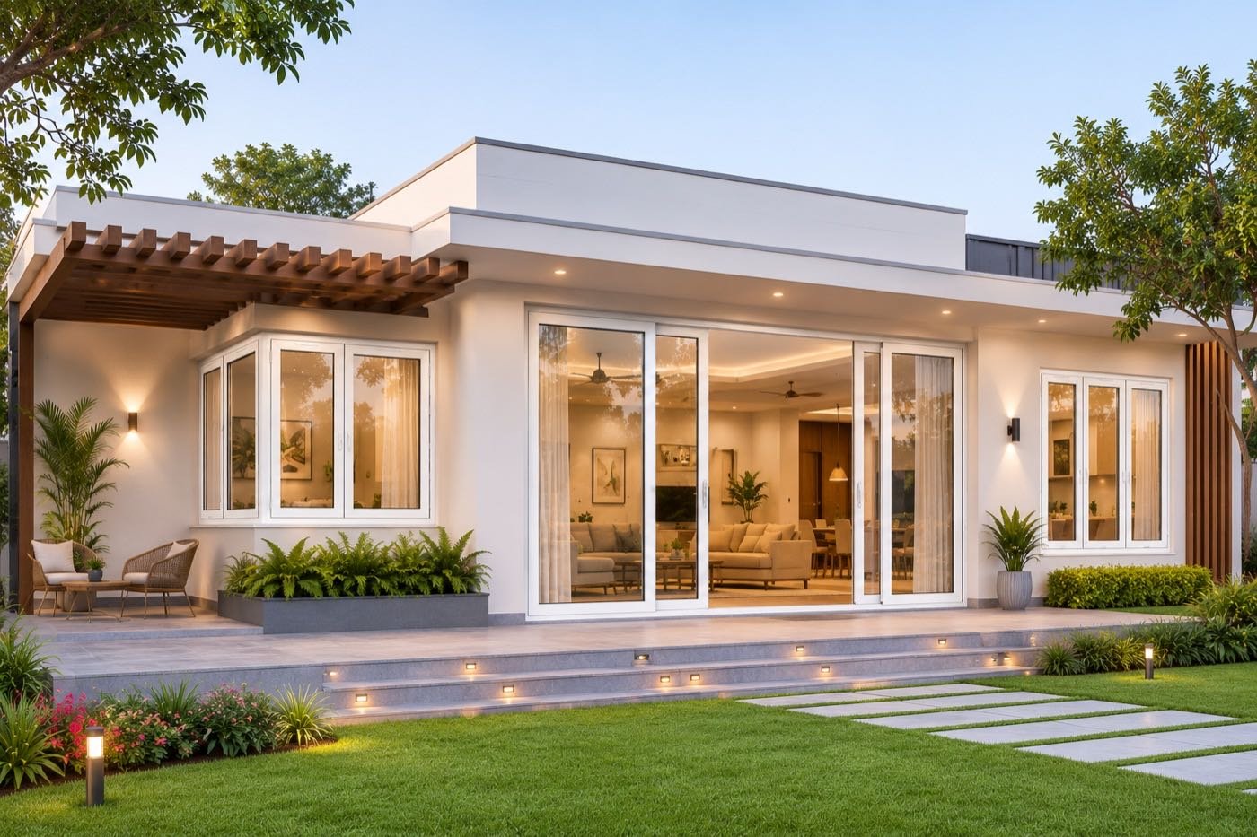 White UPVC casement windows and sliding doors on a single-story home