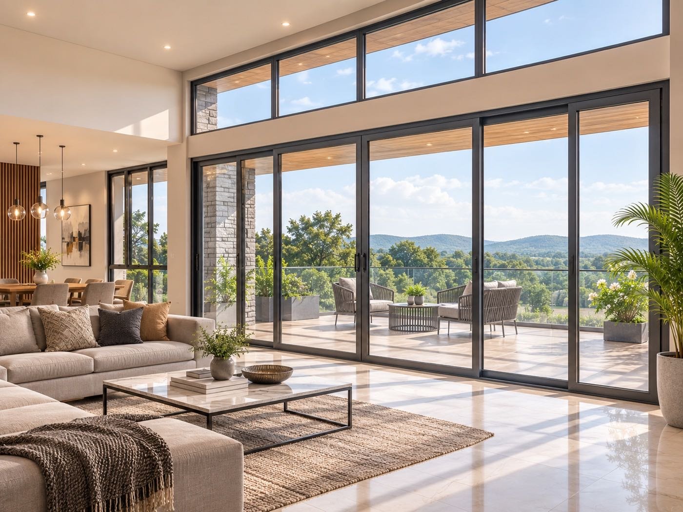 Interior view of UPVC sliding doors opening to a terrace
