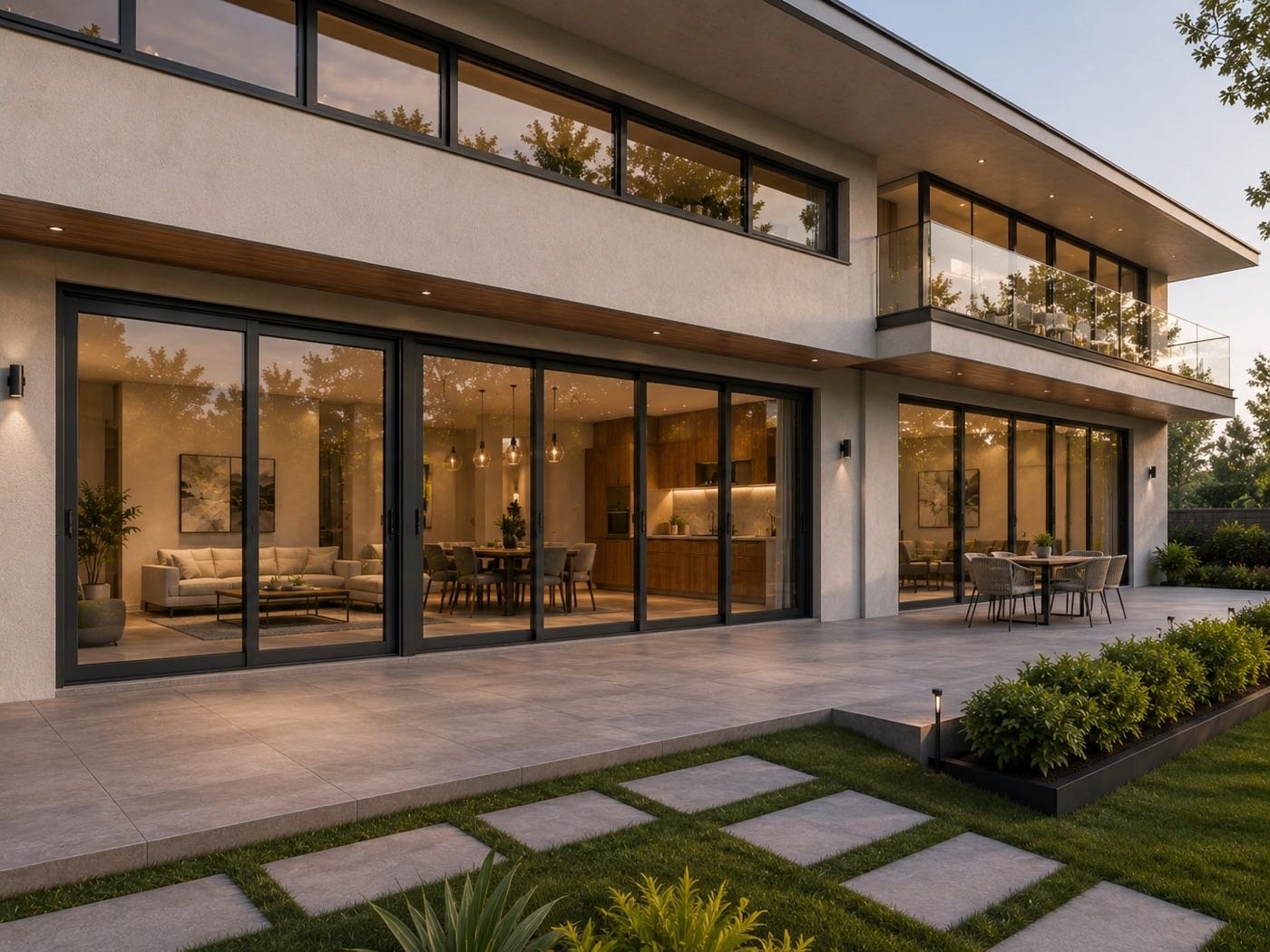 UPVC sliding patio doors on a two-story home at dusk